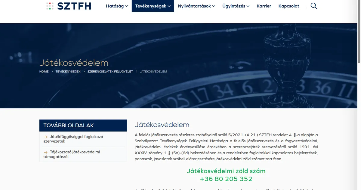 Az SZTFH játékosvédelmi oldala a zöld szám leírásával